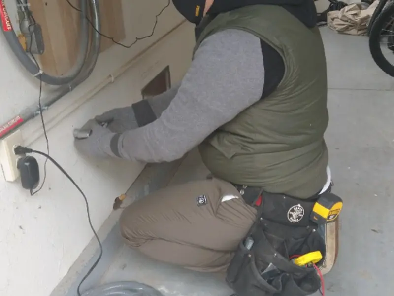 Electrician performing outlet wiring in a Riverton garage